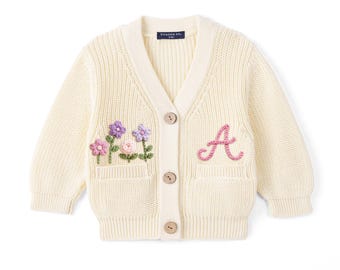 Personalized Initial Baby Cardigan, Custom Hand Embroidered Wildflower Cardigan, Baby Girls Gifts, New Baby Outfit, Baby Shower Gift