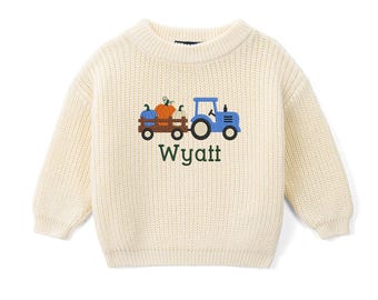 Personalized Pumpkin Tractor Baby Sweater, Fall Farm Outfit, Thanksgiving Baby Sweater, Pumpkin Patch Gift, Autumn Farm Clothing