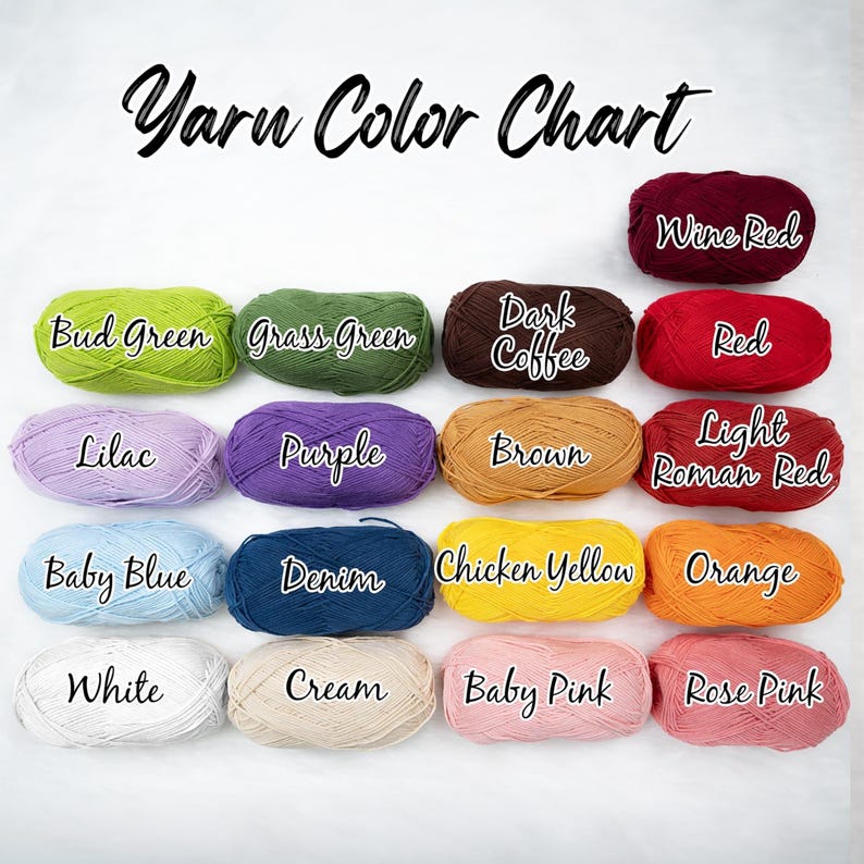 Puede incluir: Una carta de colores de hilo muestra varios colores de hilo, incluyendo Verde Brote, Lila, Azul Beb&eacute; y Blanco. Otros colores incluyen Rojo Vino, Rojo, Naranja y Rosa Rosa. El texto "Yarn Color Chart" est&aacute; en la parte superior.