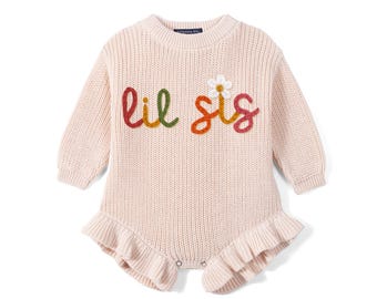 Personalized Little Sister Knit Romper, Custom Hand Embroidered Baby Name Outfit, Big Sis Lil Sis, Custom Baby Gift, Newborn Romper