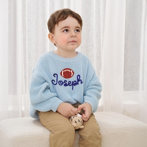 Sports Hand Embroidered Sweater, Custom Baby Name Sweater, Personalized Sports Team Sweater, Gift for Baby, Football Sweater, Kids Football