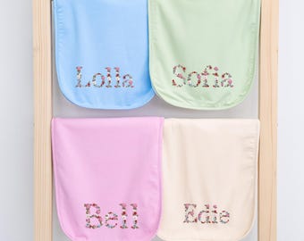 Personalized Floral Embroidered Baby Burp Cloths, Baby Shower Gift, Custom Baby Floral Name, Bamboo Burp Cloth Gift Set, Baby Girl