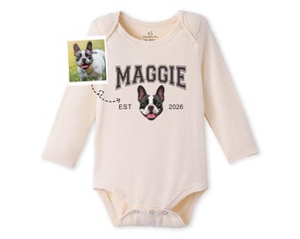 Custom Pet Portrait Baby Bodysuit, Personalized Dog Baby Bodysuit, New Best Friend Baby Outfit, Pet Sibling Gift,  Dog Baby Shower Gifts