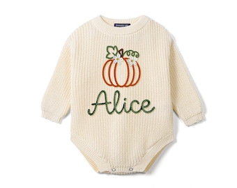Personalized Pumpkin Knit Romper, Custom Baby Name Romper, First Autumn Outfit, Fall Baby Outfit, Thanksgiving Gift, Autumn Baby Outfit