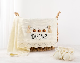 Personalized Halloween Dog Baby Blanket, Golden Retriever Puppy Blanket, Pumpkin Fall Baby Gift, Baby Shower Gift, Newborn Gift, Dog Lover