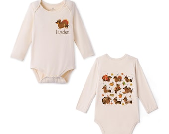 Personalized Thanksgiving Dachshund Bamboo Bodysuit, Long Sleeve Baby Bodysuit, Fall Dachshund Baby Outfit, Wiener Dog Autumn Gift
