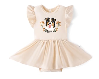 Custom Dog Portrait Baby Bodysuit, Personalized Pet Sibling Outfit, Bamboo Baby Twirl Bodysuit Dress, Soft Infant Dress, Gog Baby Shower