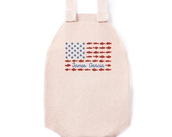 Personalized Baby Fishing Romper, Embroidered 4th of July America Fishing , Patriotic Fishing Outfit, Newborn Gift, Apparel Fish Theme