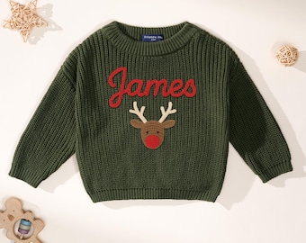 Personalized Christmas Reindeer Sweater, Custom Name Baby Sweater, Toddler Sweater, Baby Shower Gifts, Baby Christmas Gift, Newborn Knitted