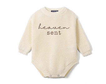 Embroidered Baby Knit Romper, Heaven Sent Baby Outfit, Neutral Newborn Outfit, Coming Home Outfit, Baby Shower Gift, Baby Announcement