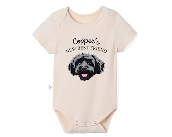 Custom Pet Portrait Baby Bodysuit, Personalized Dog Baby Bodysuit, New Best Friend Baby Outfit, Pet Sibling Gift,  Dog Baby Shower Gifts