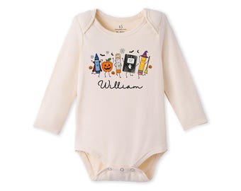 Personalized Bamboo Halloween Baby Bodysuit, Baby Halloween Outfit, Back to School Baby Outfit, Fall Baby Clothes, Ghost Pencil, Long Sleeve