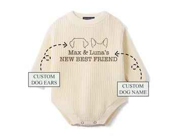 Custom Dog Ears Baby Knit Romper, New Best Friend Baby Outfit, Custom Embroidered Pet Ears, Dog Ears Outline, Newborn Gifts