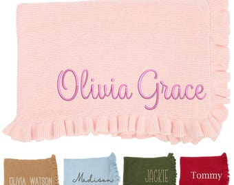 Personalized Baby Blanket for Girl, SwaddleAn Baby Pink Blanket, Knit Ruffled Baby Pink Blanket for Girls, Baby Girl Blankets, Baby Girls