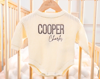 Custom Baby Boy Romper, Embroidered Cotton Romper, Knit Baby Outfit, Newborn Personalized, Baby Gift, Baby Sweater, Baby Name Outfit