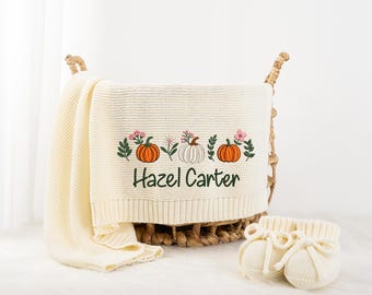 Personalized Floral Pumpkin Knit Baby Blanket, Pumpkin Nursery Decor, Fall Nursery Blanket, Thanksgiving Baby Shower Gift