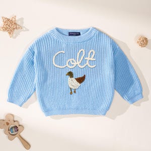 Suéter de pato real bordado a mano personalizado, lindo jersey de patos bordados a mano, suéter de pato, regalo para bebé, suéter de pato real tejido a mano Baby Blue