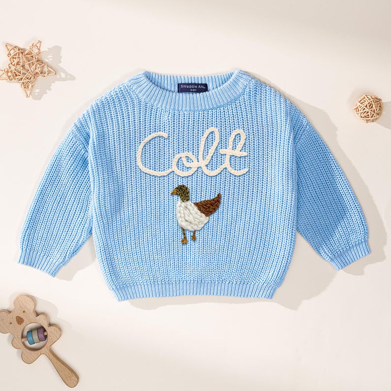 Suéter de pato real bordado a mano personalizado, lindo jersey de patos bordados a mano, suéter de pato, regalo para bebé, suéter de pato real tejido a mano Baby Blue