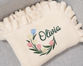 Custom Embroidered Tulip Blanket, Flower Baby Name Blanket, Personalized Baby Name Blanket, Floral Nursery Bedding, Baby Girl Shower Gift