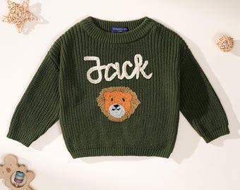 Suéter de bebé con león bordado a mano personalizado / Suéter con nombre personalizado para niño / Traje de primer cumpleaños / Regalo para recién nacido / Regalo para baby shower