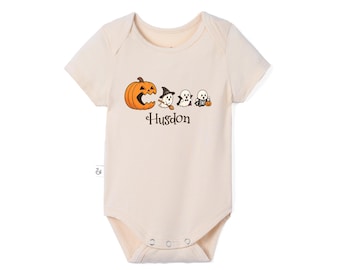 Personalized Bamboo Halloween Baby Bodysuit, Pumpkin Chasing Ghost, Spooky Season Baby Outfit, Fall Baby Clothes, Baby Shower Gift