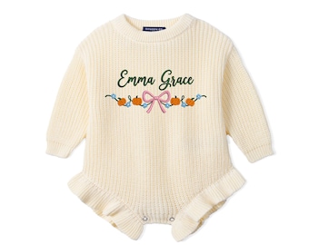 Personalized Pumpkin Baby Romper, Floral Pumpkin Bow Knit Romper, Fall Baby Outfit, Thanksgiving Baby Clothes, Baby Shower Gift