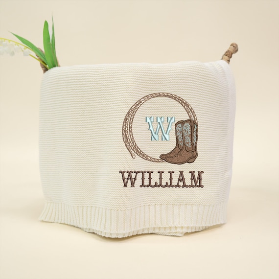 Embroidered Name Baby Blanket: Western Cowboy Boots, 100% Cotton Knit