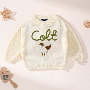 Suéter de pato real bordado a mano personalizado, lindo jersey de patos bordados a mano, suéter de pato, regalo para bebé, suéter de pato real tejido a mano Cream