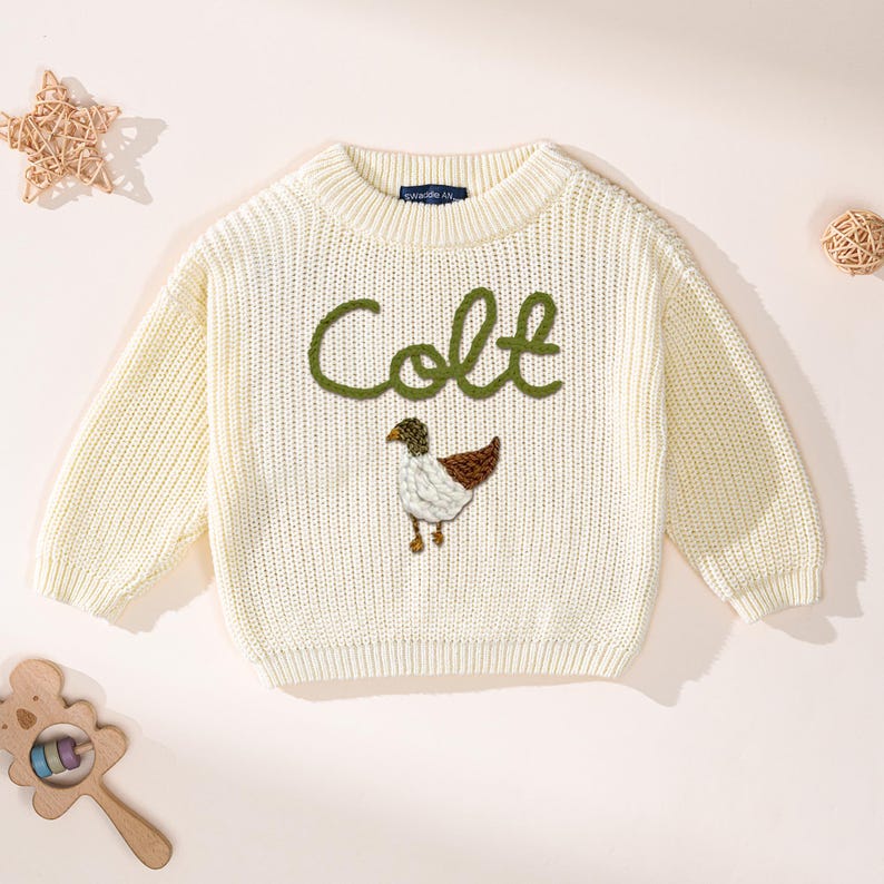 Suéter de pato real bordado a mano personalizado, lindo jersey de patos bordados a mano, suéter de pato, regalo para bebé, suéter de pato real tejido a mano Cream