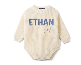 Barboteuse personnalisée pour bébé, barboteuse en coton brodée, tenue en tricot pour bébé, nouveau-né personnalisé, cadeau bébé, pull bébé garçon, tenue prénom de bébé