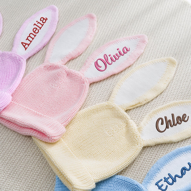 Personalized Newborn Baby Beanie Hat With Name, Embroidered Bunny Ears ...