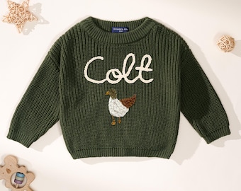 Custom Hand Embroidered Mallard Duck Sweater, Cute Ducks Hand Embroidered Jumper, Duck Sweater, Baby Gift, Hand Knitted Mallard Duck Sweater