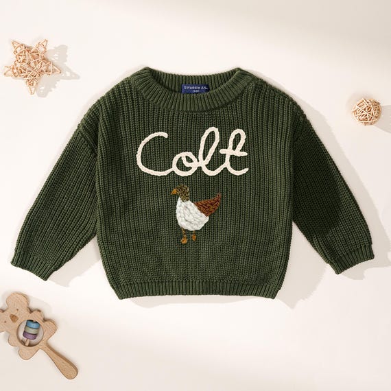 Custom Hand Embroidered Mallard Duck Sweater, Cute Ducks Hand Embroidered Jumper, Duck Sweater, Baby Gift, Hand Knitted Mallard Duck Sweater