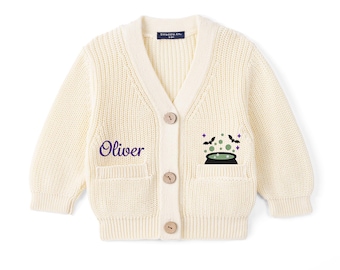 Personalized Halloween Baby Cardigan, Knit Sweater, Spooky Halloween Cauldron, My First Halloween Outfit, Baby Halloween Gift