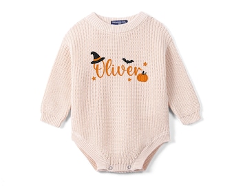 Personalized Halloween Baby Romper, Custom Name Romper, My First Halloween Outfit, Pumpkin Bat, Fall Baby Outfit, Halloween Baby Shower Gift