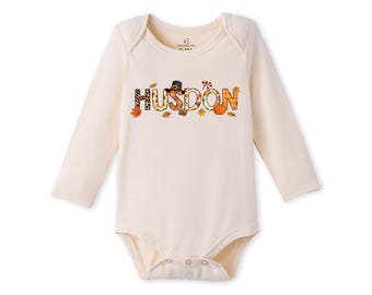 Personalized Bamboo Thanksgiving Baby Bodysuit, Custom Name Pumpkin Baby Outfit, Fall Baby Clothes, Newborn Baby Shower Gift