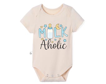 Milk Aholic Bodysuit, Funny Baby Onesie, Baby Shower Gift, Newborn Onesie, Simple Bamboo Baby Onesie