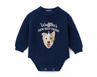 Custom Embroidered Dog Portrait Baby Romper, New Pet Friend Romper, Pet Sibling Outfit, Dog Bodysuit for Pregnant Announcement, Newborn Gift