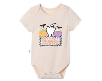 Personalized Halloween Baby Bamboo Bodysuit, Custom Name Ghost Pumpkin Outfit, First Halloween Baby Clothes, Spooky Baby Gift