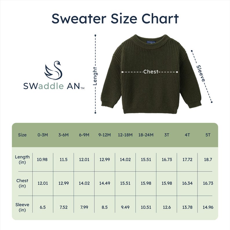 K&ouml;nnte beinhalten: Ein gr&uuml;ner Strickpullover mit Gr&ouml;&szlig;entabelle. Die Tabelle zeigt die Ma&szlig;e f&uuml;r L&auml;nge, Brust und &Auml;rmel in Zoll f&uuml;r Gr&ouml;&szlig;en von 0-3 Monaten bis 5T. Das Markenlogo ist ein Schwan.
