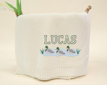 Mallard Ducks Crest Embroidery Knitted Blanket, Custom Baby Name Blanket, Name Blanket for Boy, Personalized Baby Blanket Mallard Duck Stuff