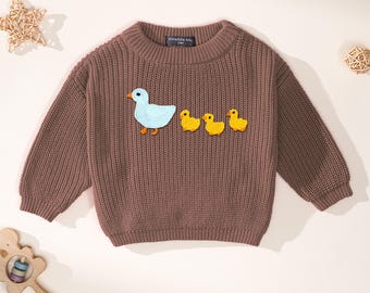 Hand Embroidery Marching Ducks Baby Knited Sweater, Cute Ducks Hand Embroidered Sweater, Kid Duck Sweater, Baby Gift, Duck Baby Jumper
