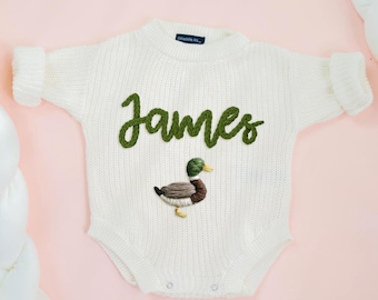 Cute Ducks Hand Embroidered Romper, Personalized Baby Name Romper, Hand Knitted Mallard Duck Outfit, Newborn Baby Gift, Baby Shower Gift