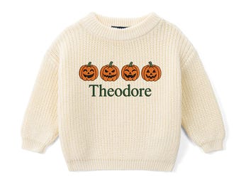 Personalized Pumpkin Baby Sweater, Baby Name Sweater, First Halloween Outfit, Halloween Toddler Sweater, Fall Baby Outfit, Thanksgiving Gift