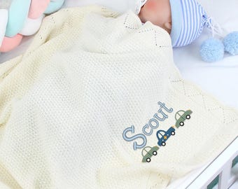 Custom Embroidered Name Knit Blanket, Baby Shower Gift, New Baby, Name Blanket for Boy, Baby Blanket, Baby Shower Newborn, Blanket Vehicles
