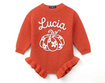 Personalized Pumpkin Knit Romper, Baby Halloween Romper, First Halloween Outfit, Fall Baby Outfit, Thanksgiving Gift, Autumn Baby Outfit