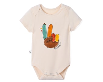 Bamboo Thanksgiving Baby Bodysuit, Peace Sign Turkey Baby Outfit, Thankful Fall Baby Clothes, First Thanksgiving Gift, Turkey Day Outfit