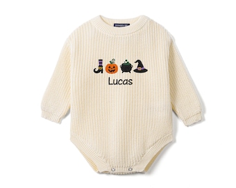 Personalized Halloween Baby Romper, Custom Name Knit Romper, Pumpkin Ghost Witch Hat, My First Halloween Outfit, Baby Halloween Gift