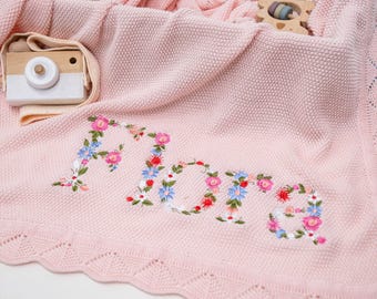 Personalized Floral Baby Blanket, Embroidered Baby Blanket, Custom Baby Blanket, Baby Knit Blanket, Newborn Gift For Baby, First Birthday