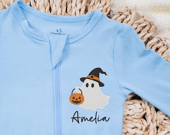 Personalized Halloween Baby Pajamas, Custom Name Ghost Pumpkin, First Halloween Outfit, Fall Baby Clothes, Spooky Season Gift, New Baby Gift